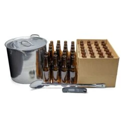 Homebrew Kit - Beer Bottles, Kettle, Digital Thermometer, And Spoon